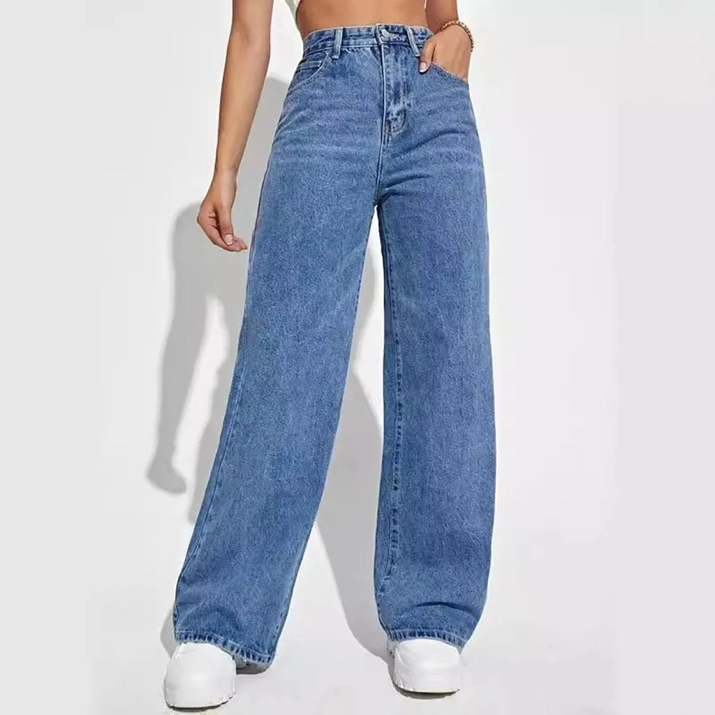 Fashion Retro Blue Y2K High‑Street Baggy Straight High‑Waist Jeans