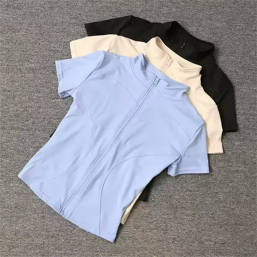 Damen Yoga Sport Top – Stehkragen, Reißverschluss, Slim Fit, Sommer