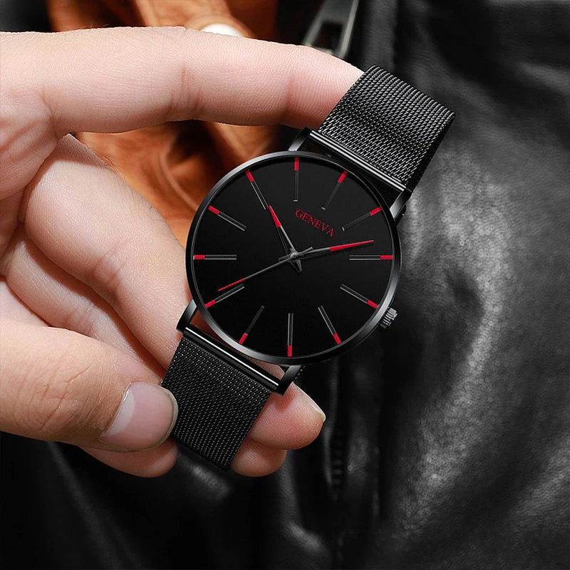 Minimalistisches Herren-Armbanduhr – Ultraflach, Quarz, Edelstahl-Meshband