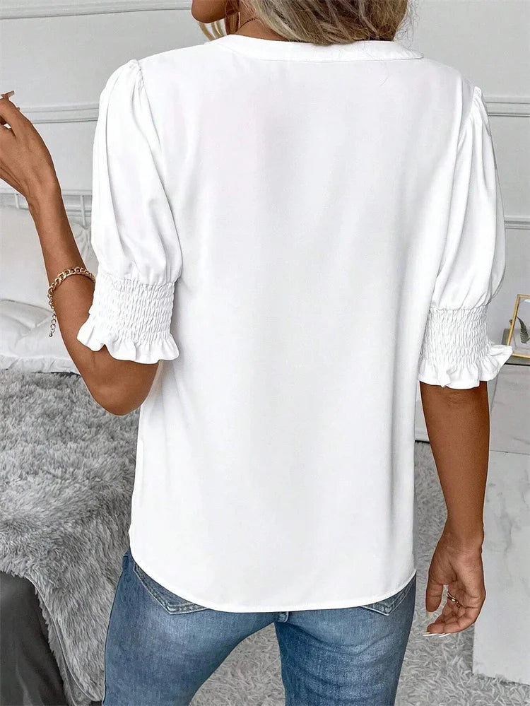 Damen Bluse – V-Ausschnitt, Puffärmel, Einfarbig, Casual, Sommer