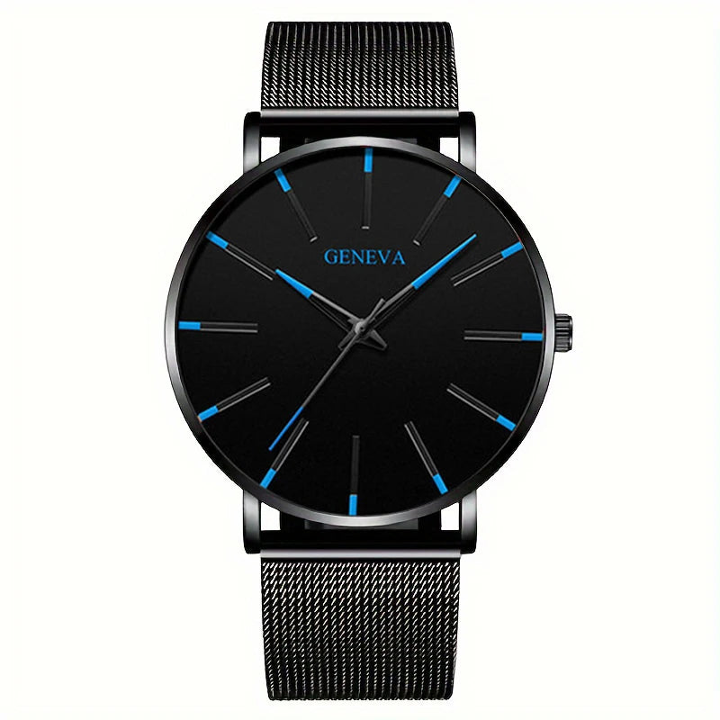 Minimalistisches Herren-Armbanduhr – Ultraflach, Quarz, Edelstahl-Meshband