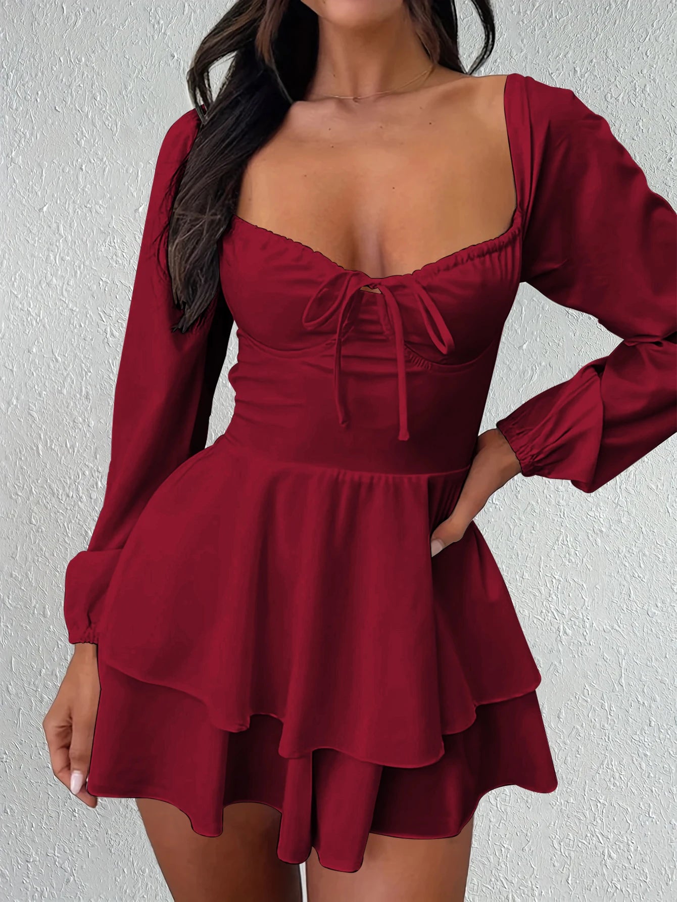 Elegant V-neck Backless Waist Cinched Long Sleeved Dress Nightclub Party Style White Lace Up Ruffle Edge Short Skirt
