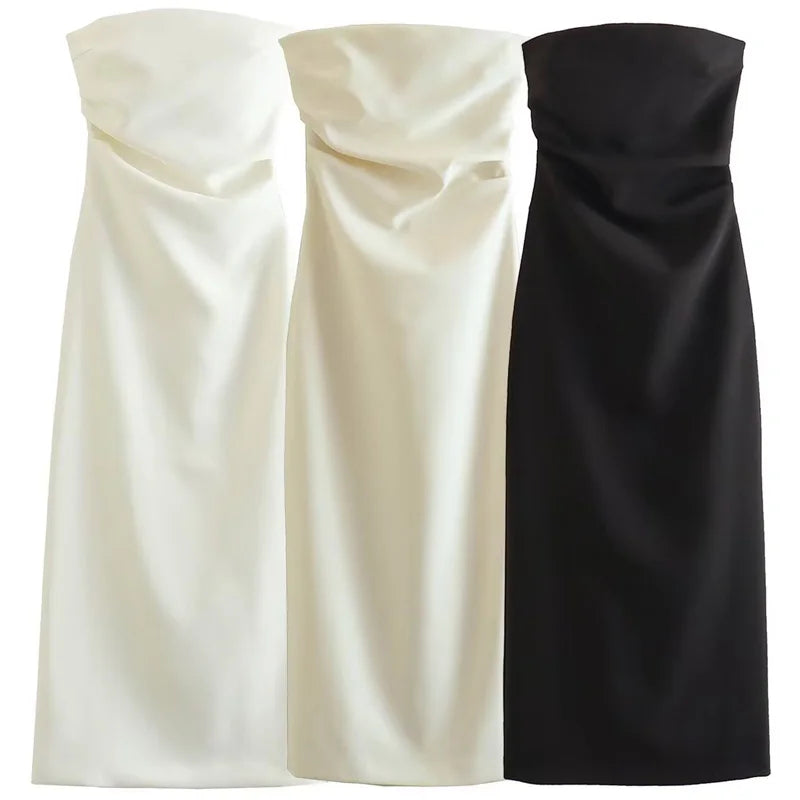 Damen Trägerlos Kleid – Sommer, Midi, Rüschen, Schulterlos, Casual