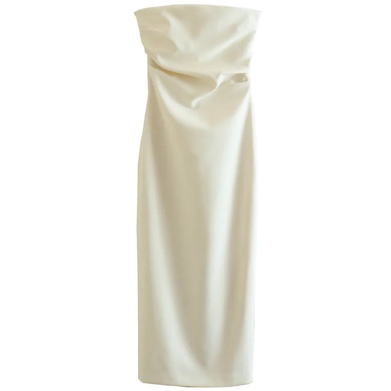Damen Trägerlos Kleid – Sommer, Midi, Rüschen, Schulterlos, Casual