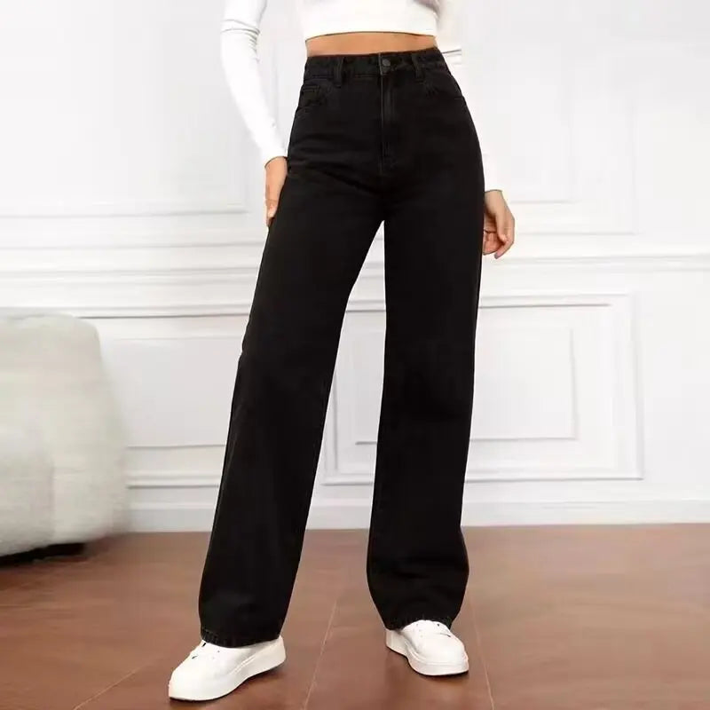 Schwarz‑Graue High‑Waist Wide‑Leg Damenjeans – Lockerer, Figurschmeichelnder Straight‑Leg Fit