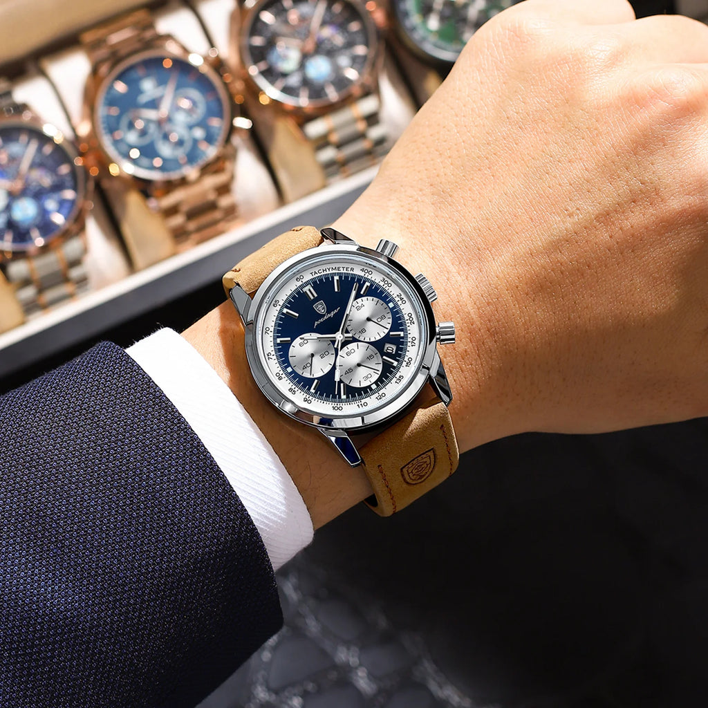 Herren-Chronograph Luxusuhr – Wasserdicht, Lederarmband, Quarz