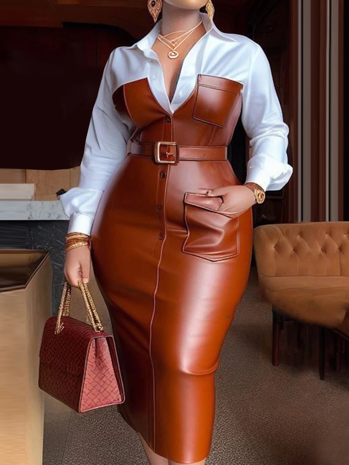 Damen Midi Kleid – Hemdkragen, Langarm, PU-Leder Patchwork, Gürtel, Slim Fit