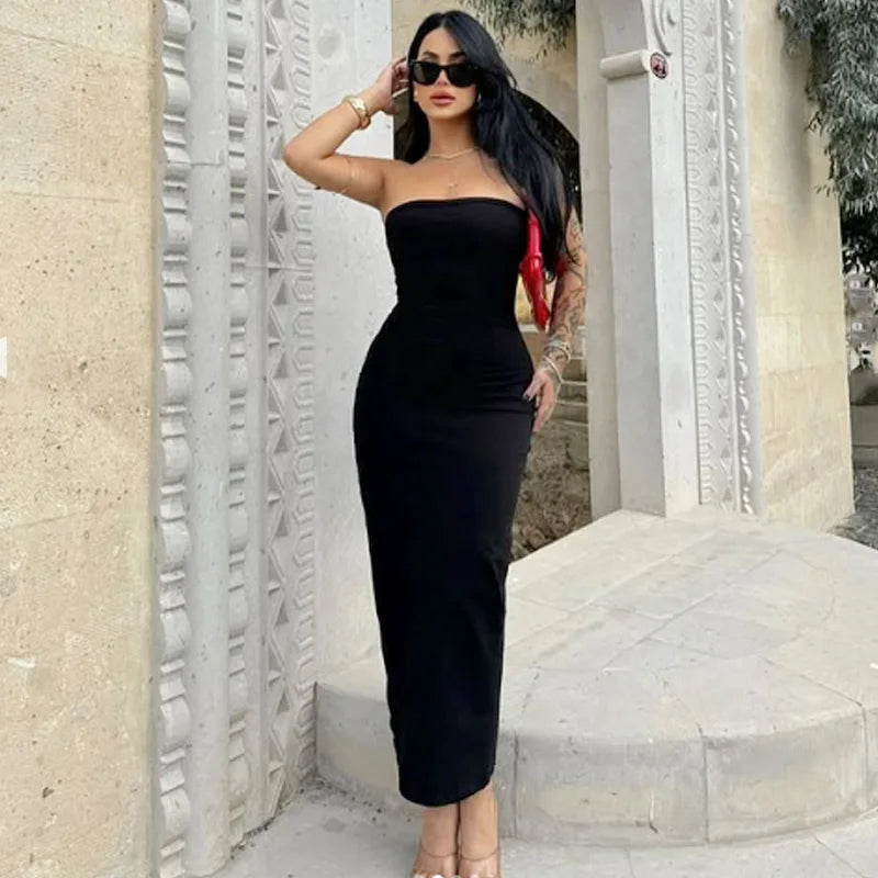 Damen Trägerlos Kleid – Sommer, Midi, Rüschen, Schulterlos, Casual