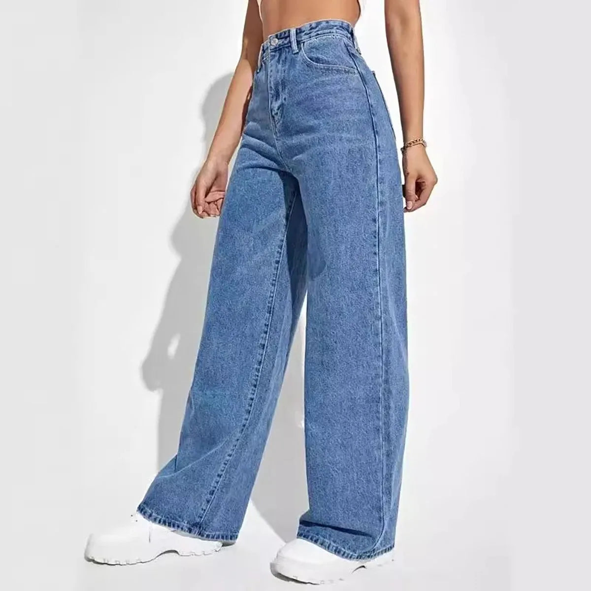 Fashion Retro Blue Y2K High‑Street Baggy Straight High‑Waist Jeans