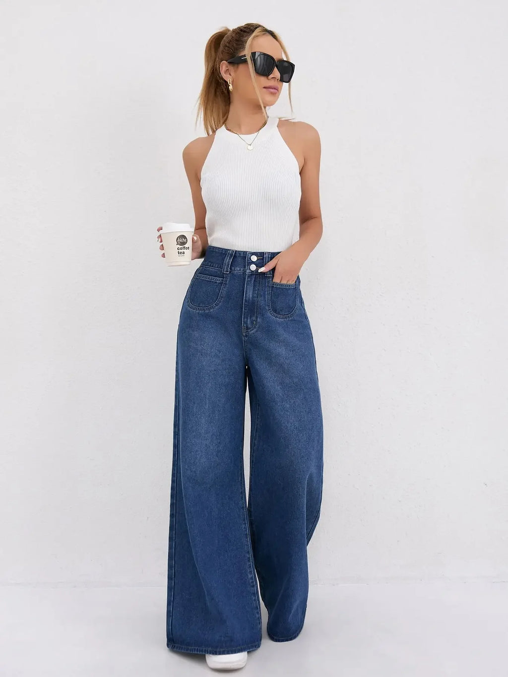 Womens Jeans Baggy Jeans Wide Pants High Waist Loose Fit Two Button Solid Color Wide Leg Denim Trousers For Ladies