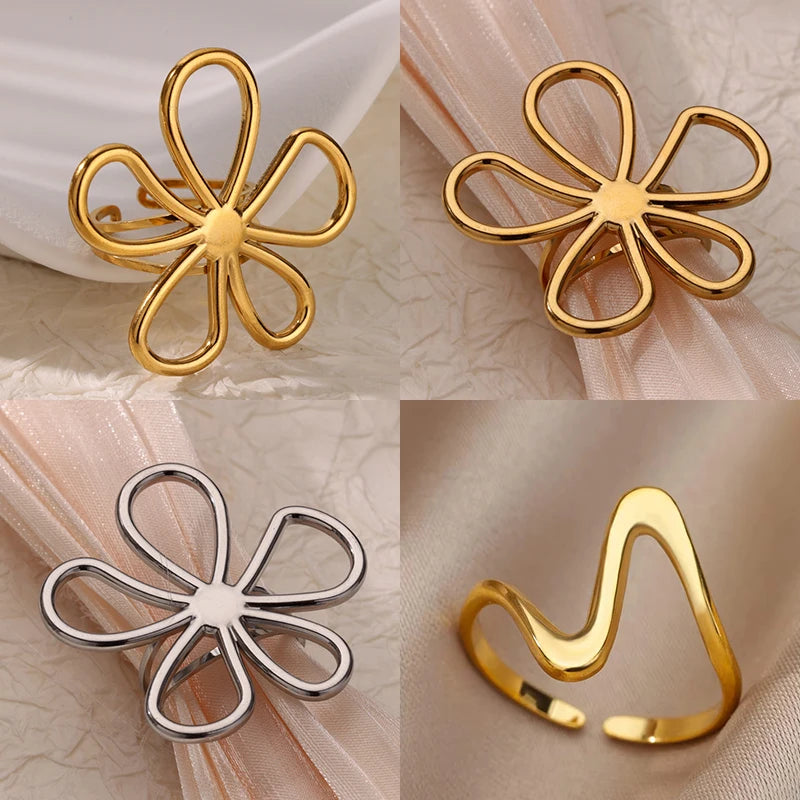 Damen Edelstahl Blumen Ring – Offen, Gold Farbe, Trendy, Modeschmuck, Geschenk