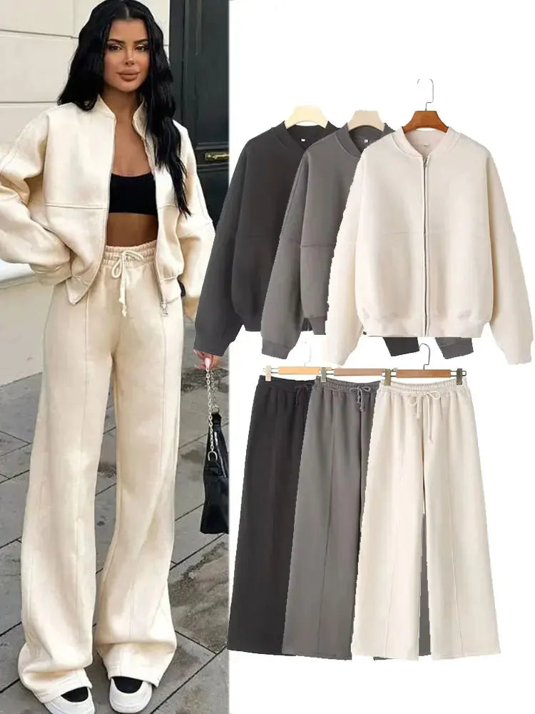 Damen 2-teiliges Set – Bomberjacke mit Reißverschluss & Weite Hose, Streetwear