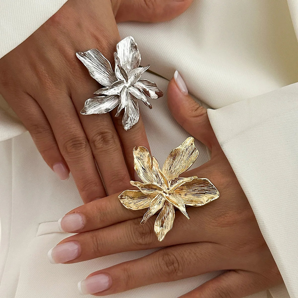 Damen Blumen Ring & Ohrringe – Doppellagig, Punk, Verstellbar, Modeschmuck
