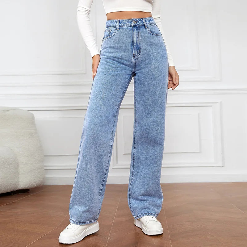 Fashion Retro Blue Y2K High‑Street Baggy Straight High‑Waist Jeans