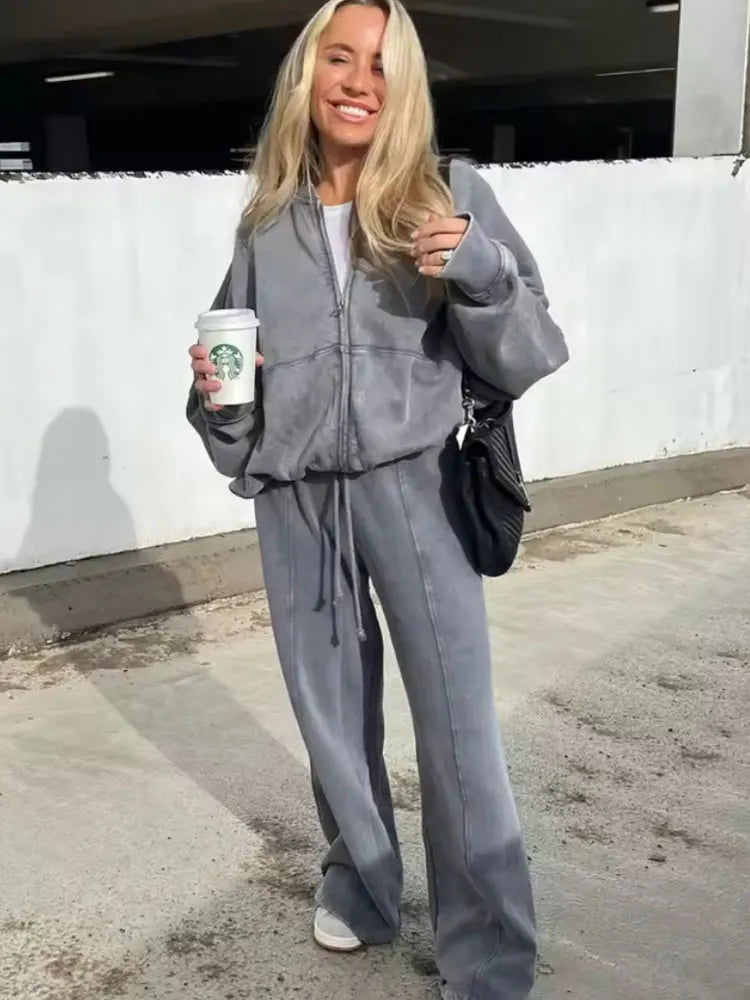 Damen 2-teiliges Set – Bomberjacke mit Reißverschluss & Weite Hose, Streetwear