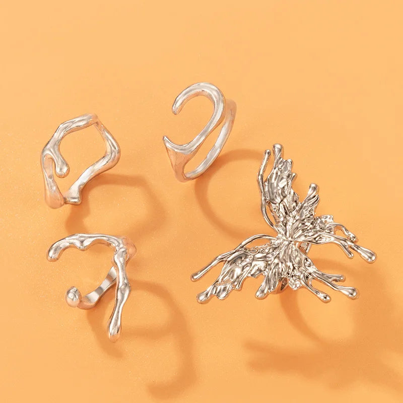 Damen Schmetterling Ring Set – 4-teilig, Silber, Geometrisch, Chunky, Punk, Geschenk