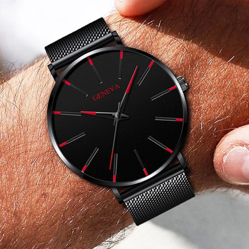 Minimalistisches Herren-Armbanduhr – Ultraflach, Quarz, Edelstahl-Meshband