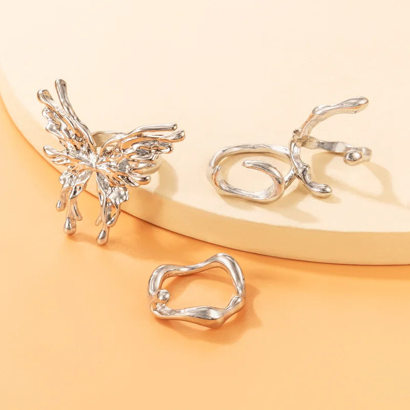 Damen Schmetterling Ring Set – 4-teilig, Silber, Geometrisch, Chunky, Punk, Geschenk