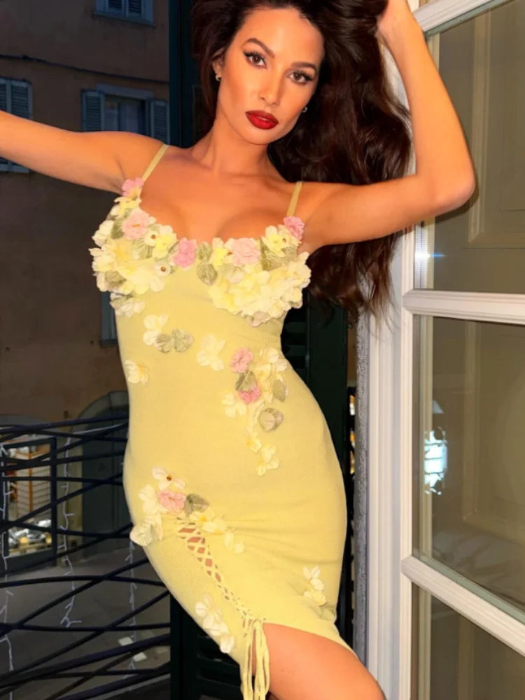 Women Handmade Crochet Flowers Maxi Dress Elegant Spaghetti Strap Side Slit Sling Long Dress 2026 Summer Lady Slimming Fit Gown