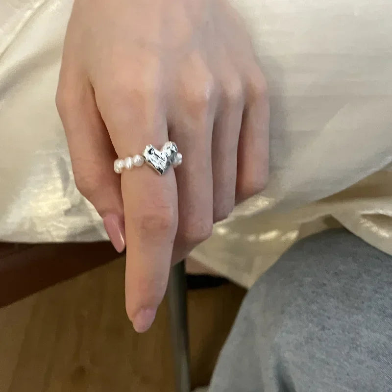 Perlenring für Damen – Korean Style, Herz-Design, Verstellbar