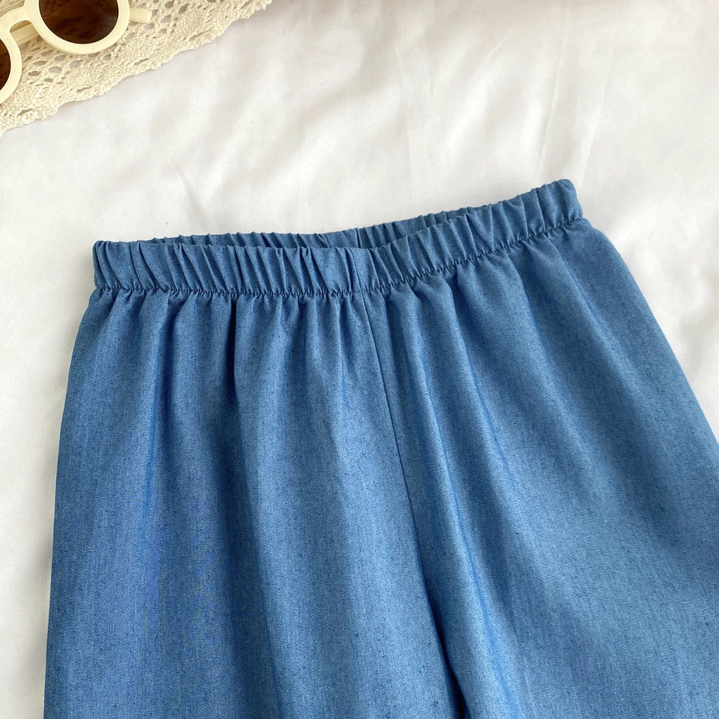 Kids Clothes Girls Summer Fashion  Cowboy Blue Lace Bow+Lace Wide Leg Pants Sets Children's Daily Casual Wear