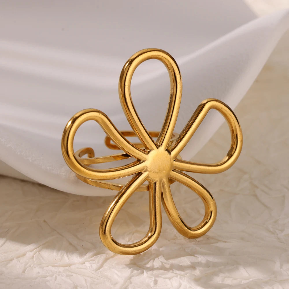 Damen Edelstahl Blumen Ring – Offen, Gold Farbe, Trendy, Modeschmuck, Geschenk