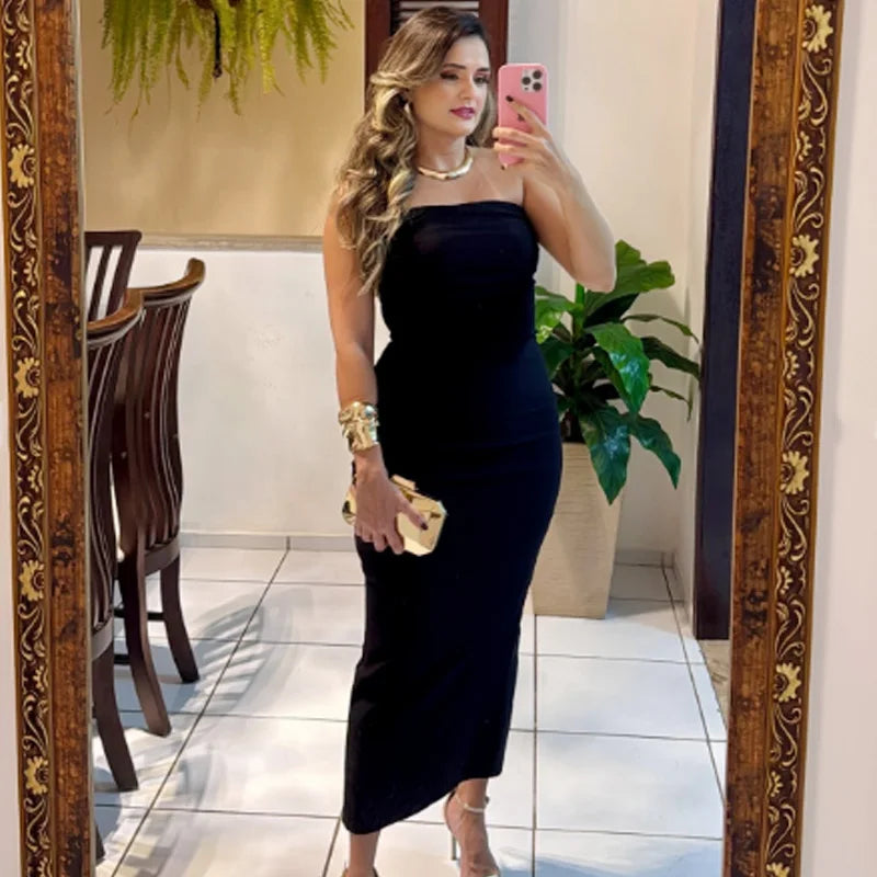 Damen Trägerlos Kleid – Sommer, Midi, Rüschen, Schulterlos, Casual