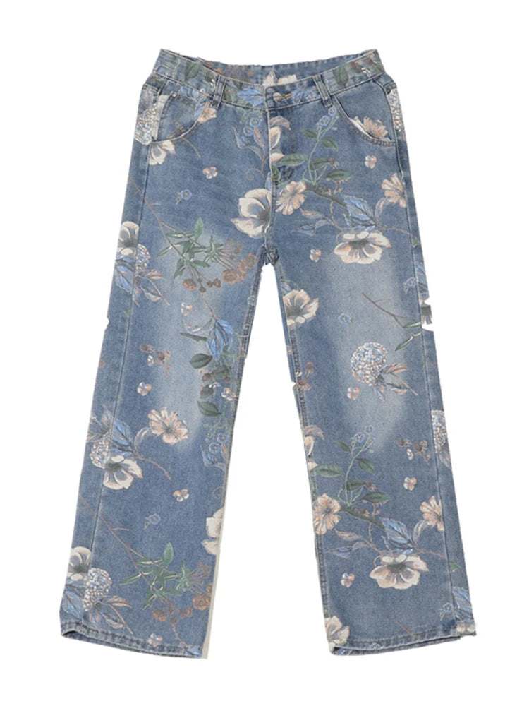 Herren Floral Jeans – American High Street Style, Bedruckt