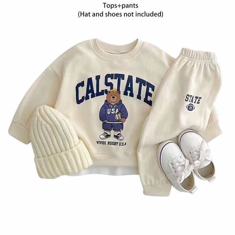 Fashion girls Toddler Baby Korea Clothing Fall Clothes Sets Baby Boys Set Kids Sports Bear Sweatshirt Pants 2Pcs 2 to 8 year
