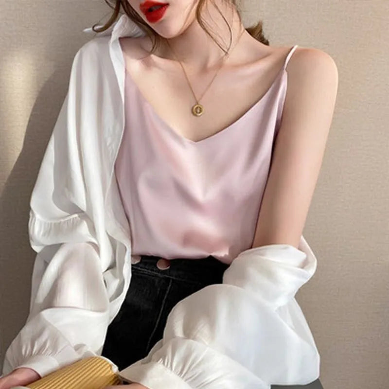 Damen Satin Crop Top – Träger, V-Ausschnitt, Ärmellos, Y2K, Camisole