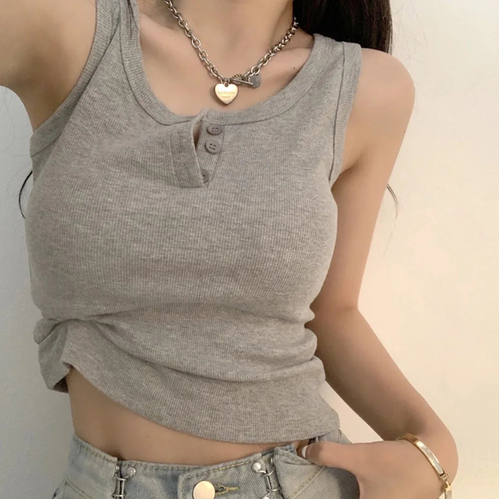Damen Geripptes Tank Top – Knopfleiste, Ärmellos, Einfarbig, Casual, Sommer